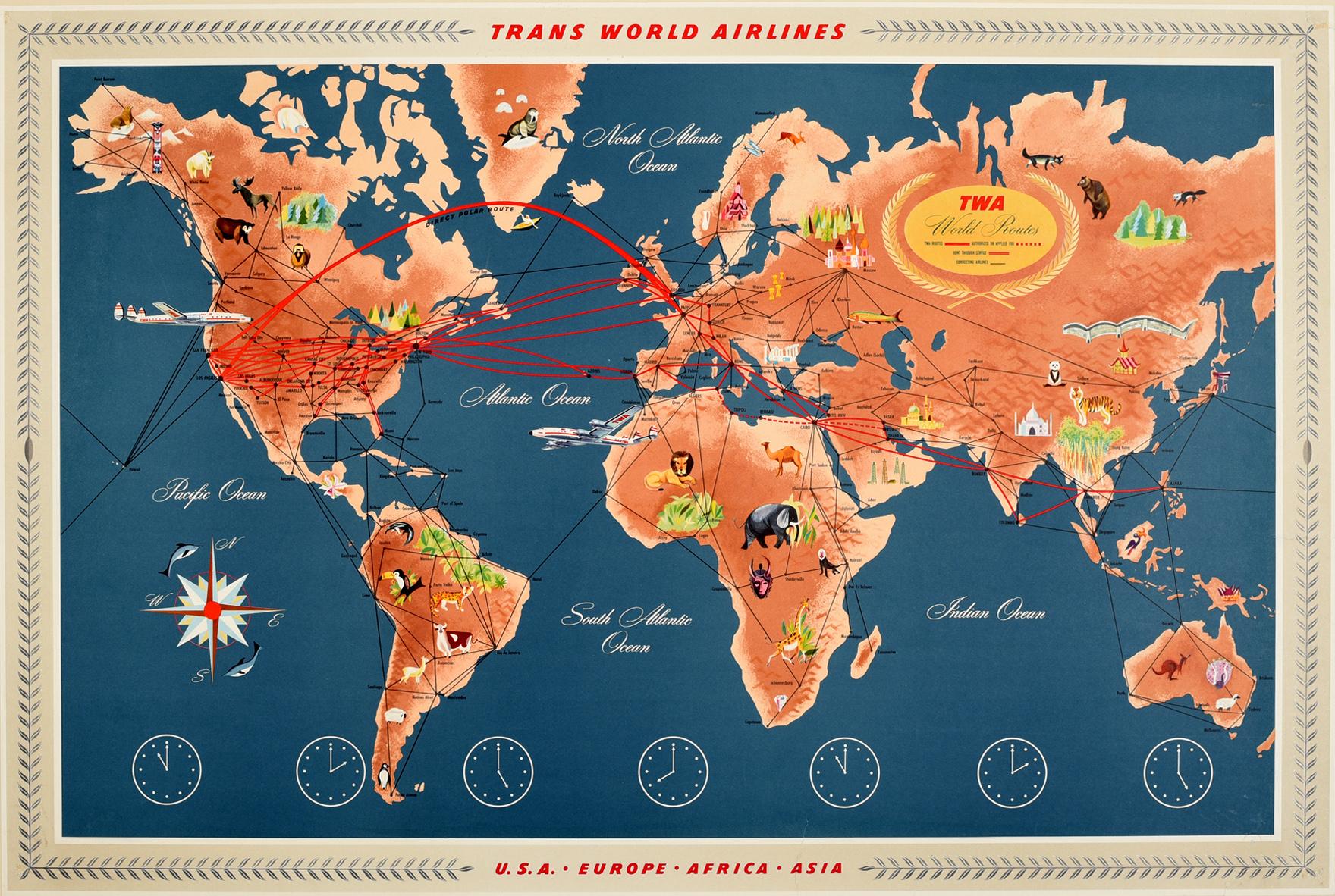 Unknown Print - Original Vintage TWA Poster Trans World Airline Route Map Art Europe Africa Asia