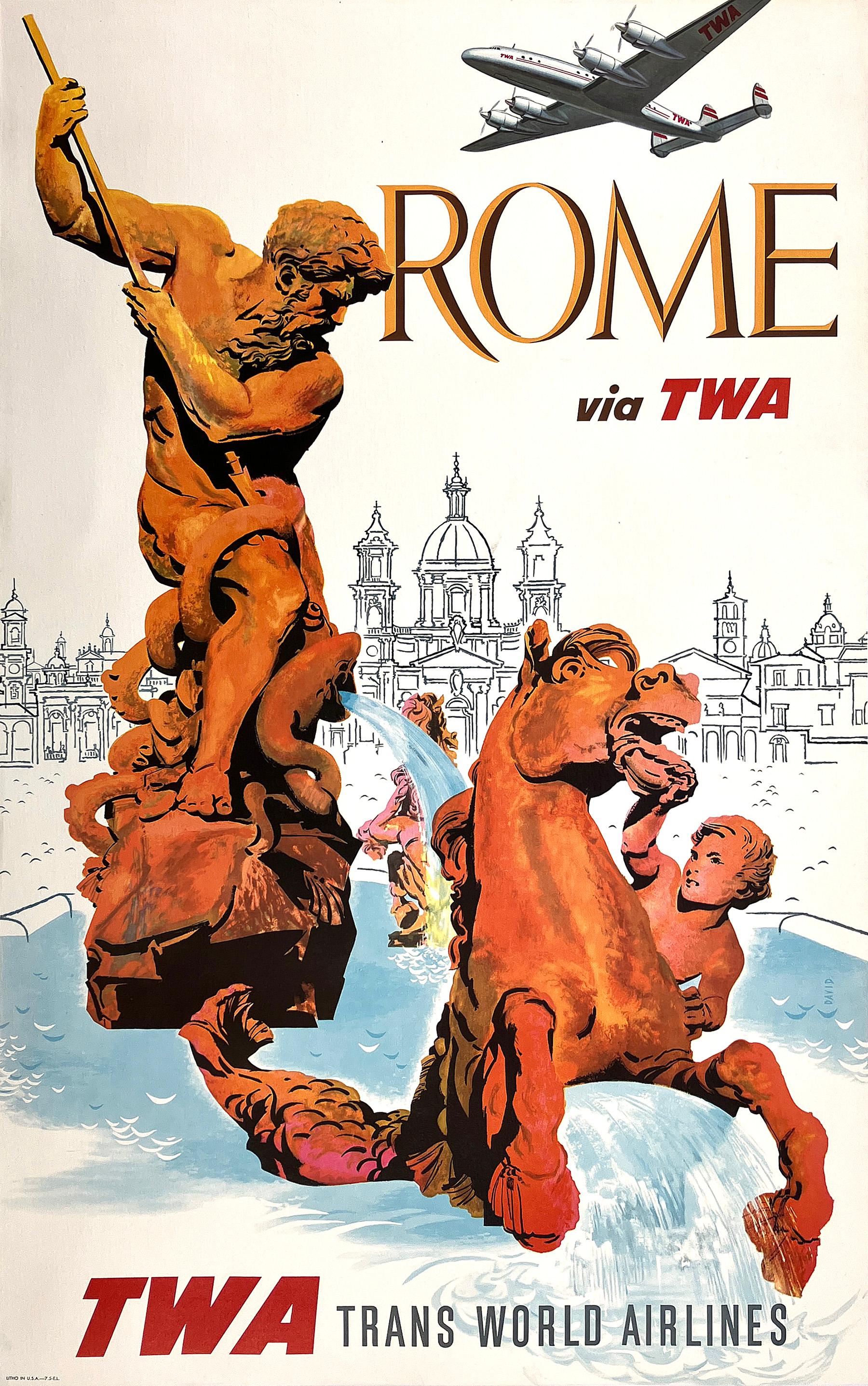 Affiche vintage originale TWA - Rome Poseidon - Petite Taille - Rare