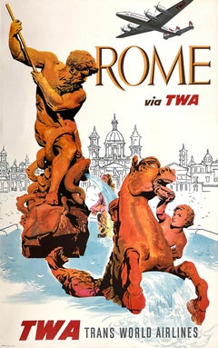 Original Vintage TWA - Rome Poseidon Poster Small Size - Rare