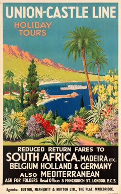 Original Vintage Union Castle Line Poster Promoting Cruise Ship Holiday Tours