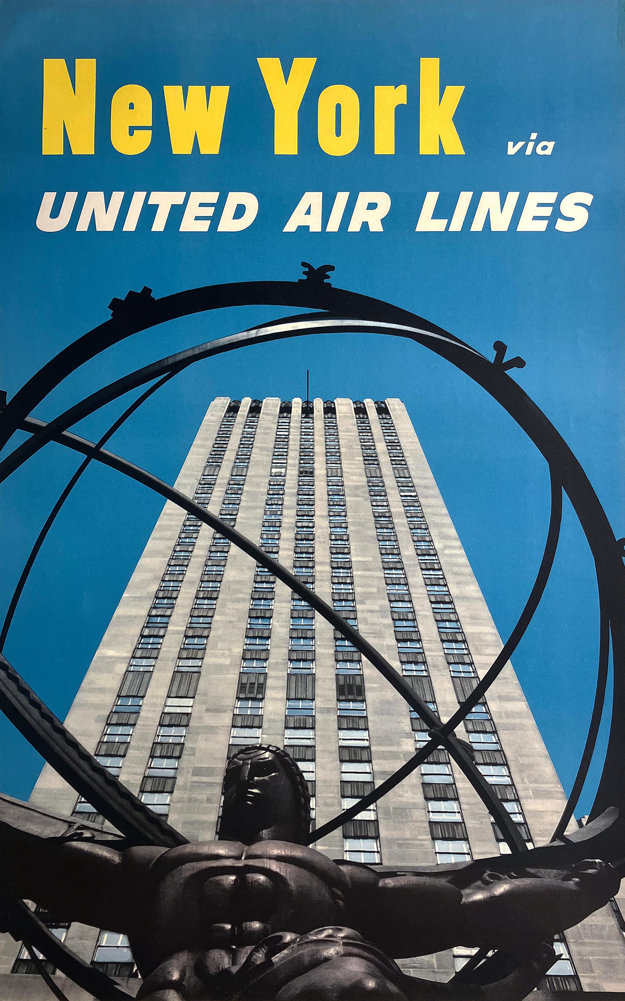 Poster originale d
epoca United Air Lines New York C1965 - Statua di Atlante a Rockef