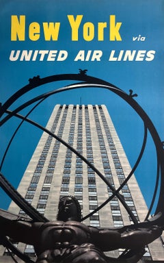 Original Vintage United Air Lines New York Poster C1965 - Atlas Statue in Rockef