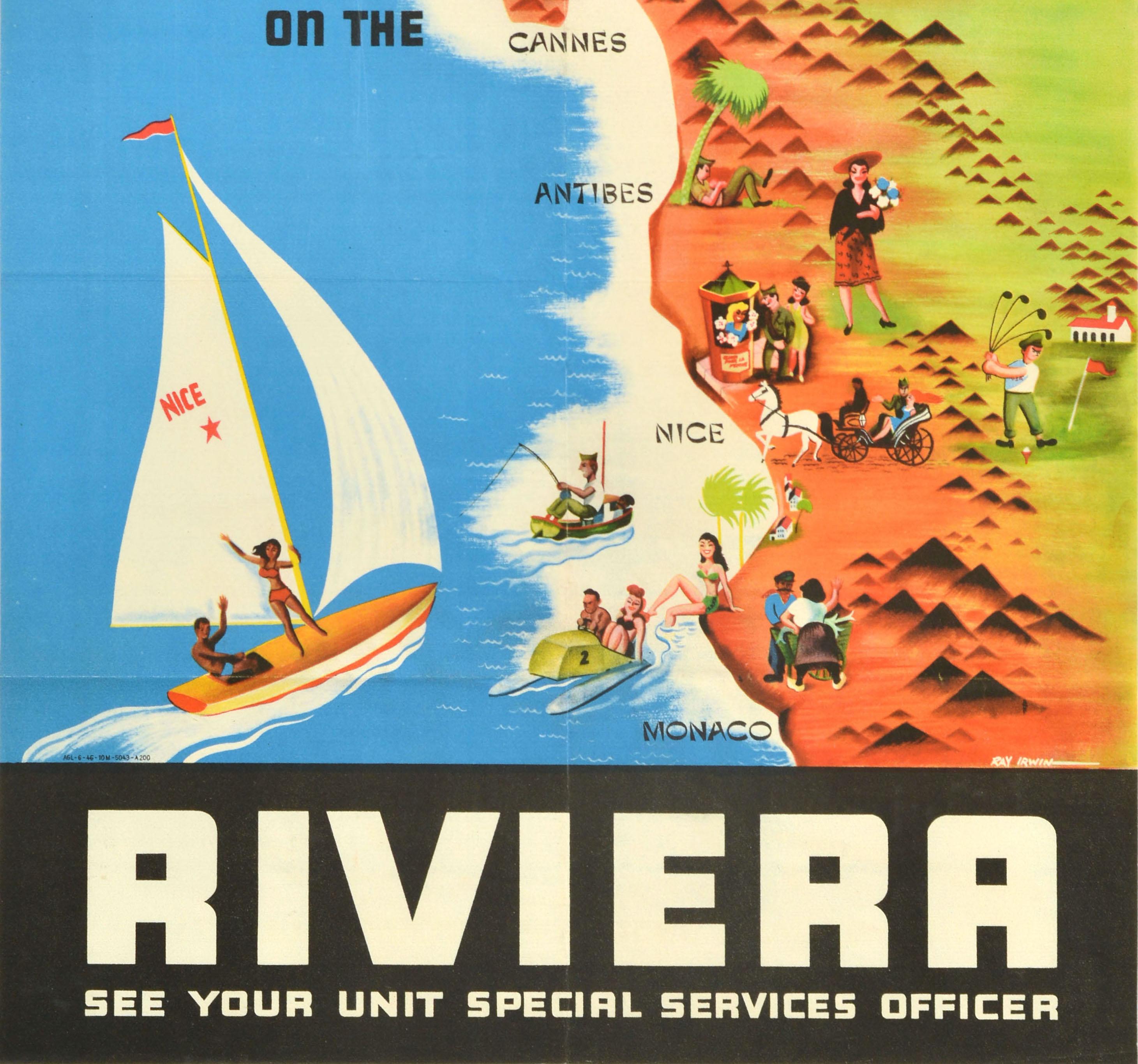Original Vintage US-Armee Urlaub Reiseplakat am Ende des Zweiten Weltkriegs ausgestellt - Theater Special Services lädt Sie ein, Urlaub auf der Cannes Antibes Nizza Monaco Riviera Sehen Sie Ihre Einheit Special Services Offizier - mit Illustrationen