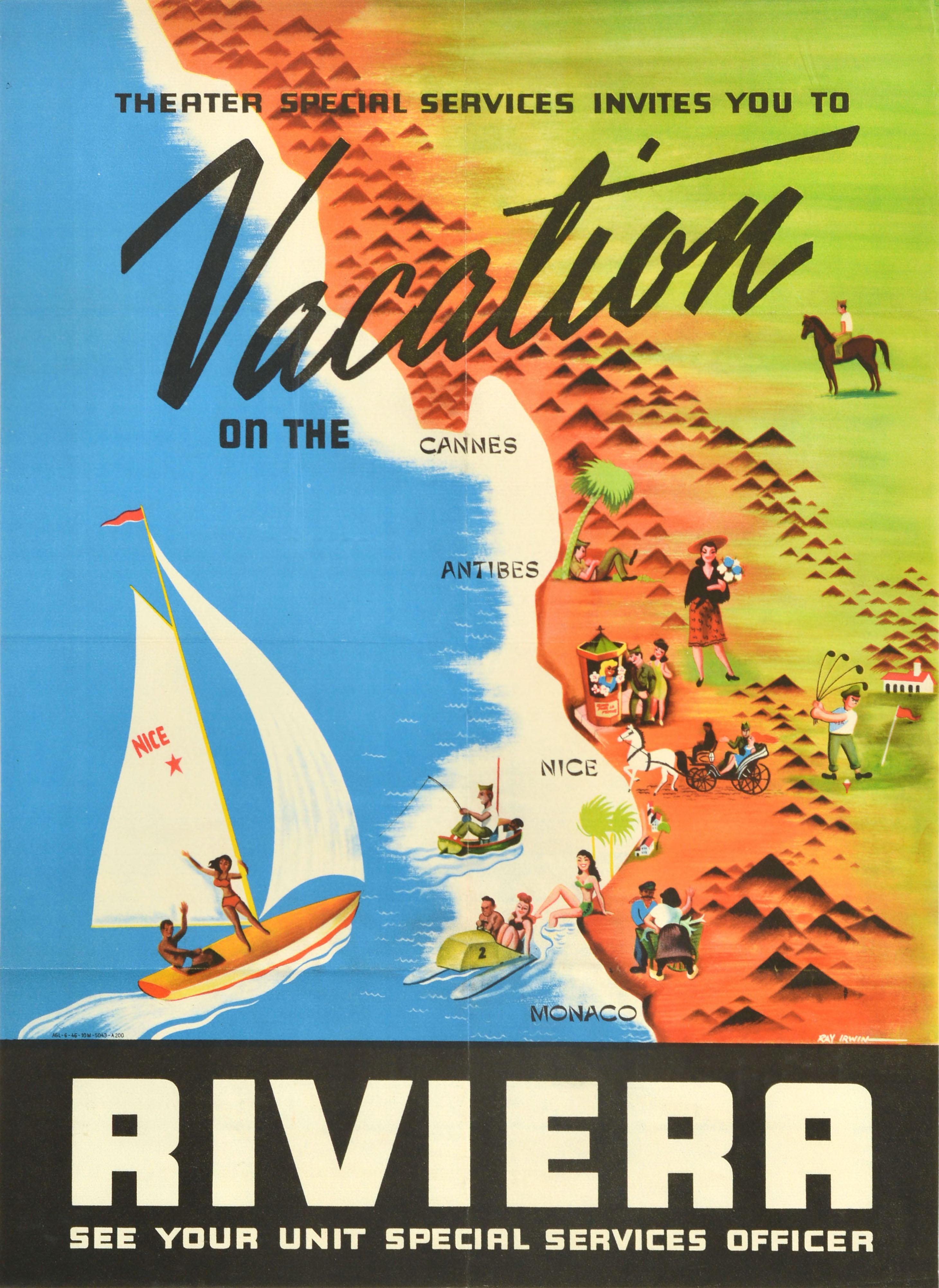 Unknown Print – Original-Vintage-Reiseplakat der US-Armee „ Vacation On The Riviera“, Frankreich