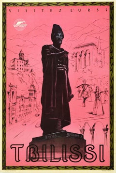 Affiche rétro originale de voyage tourisme de l'URSS, Tbilissi, monument Rustaveli de Géorgie
