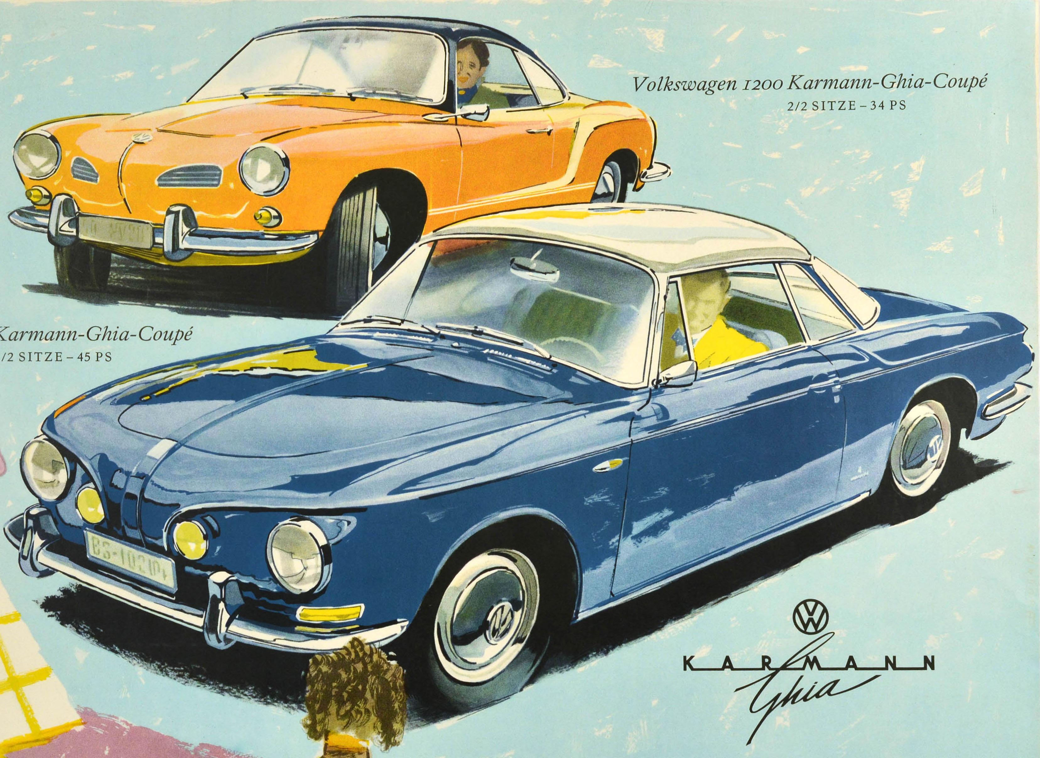 Original vintage VW advertising poster for Volkswagen Karmann Ghia cars featuring an illustration of an elegant lady with a dog looking at smiling drivers in two sporty cars, the VW logo on the side below and description in German next to each