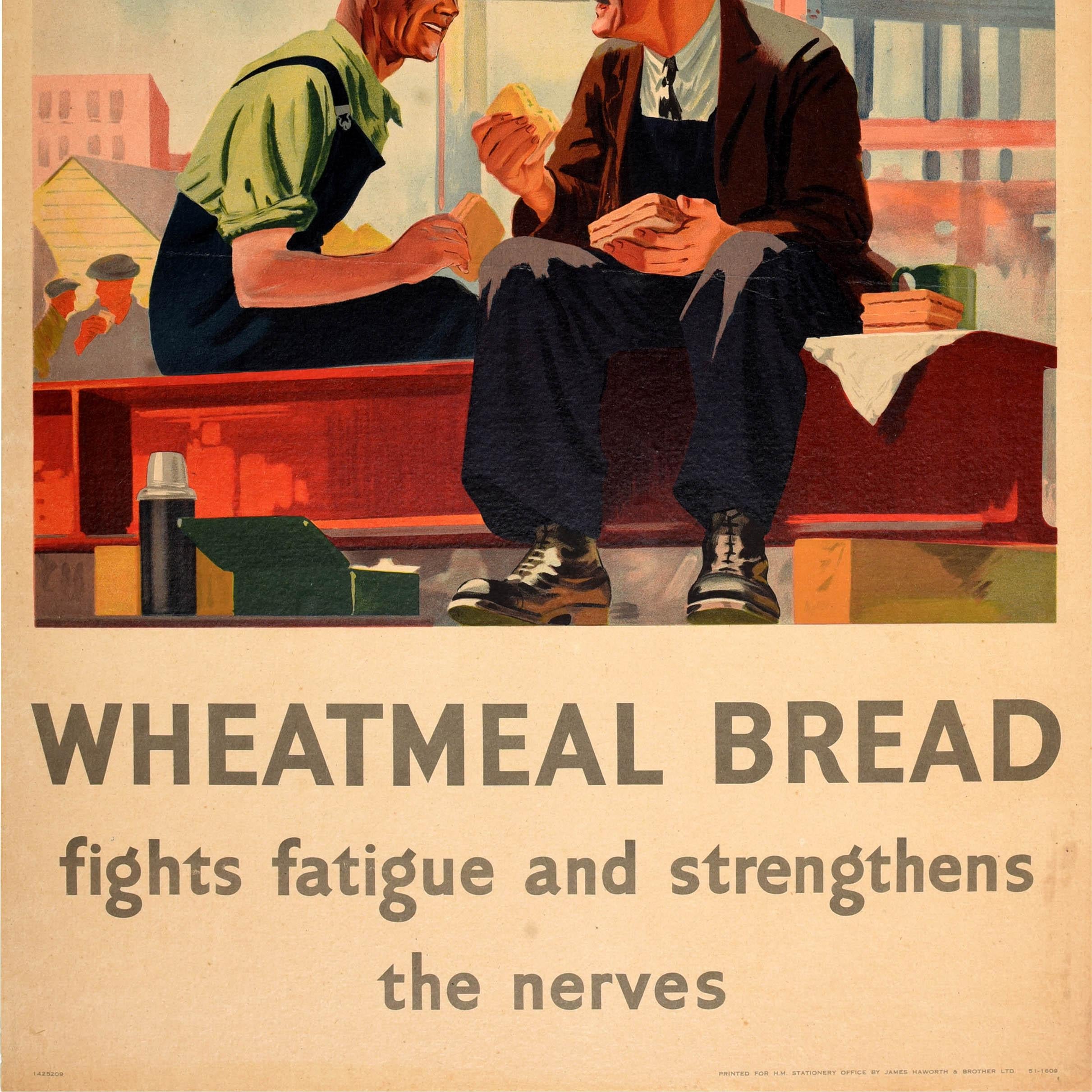 Poster originale d'epoca di propaganda alimentare della Seconda Guerra Mondiale pubblicato dal Ministero dell'Alimentazione durante i periodi di razionamento - Il pane di farina di grano combatte la fatica e rafforza i nervi - con un'illustrazione