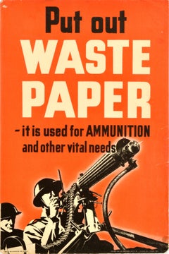 Poster originale del fronte interno della guerra d'epoca Metti fuori la carta straccia Munizioni WWII