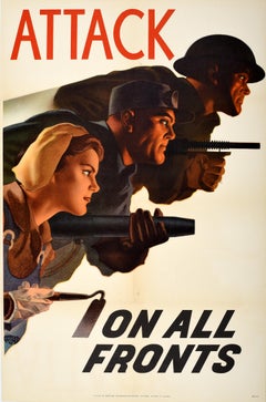Original Vintage-Kriegsplakat „ Attack On All Fronts“, WWII, Kanada, Hubert Rogers, Hubert Rogers, WWII