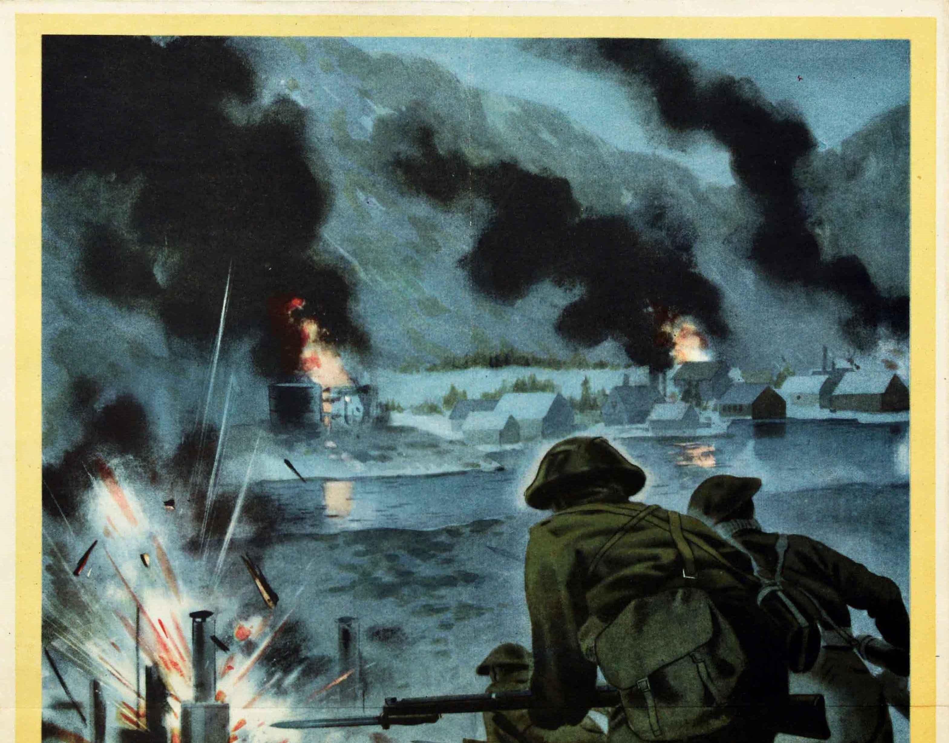 Original Vintage War Poster Back Them Up WWII British Commando Raid Norway Port - Print by Unknown