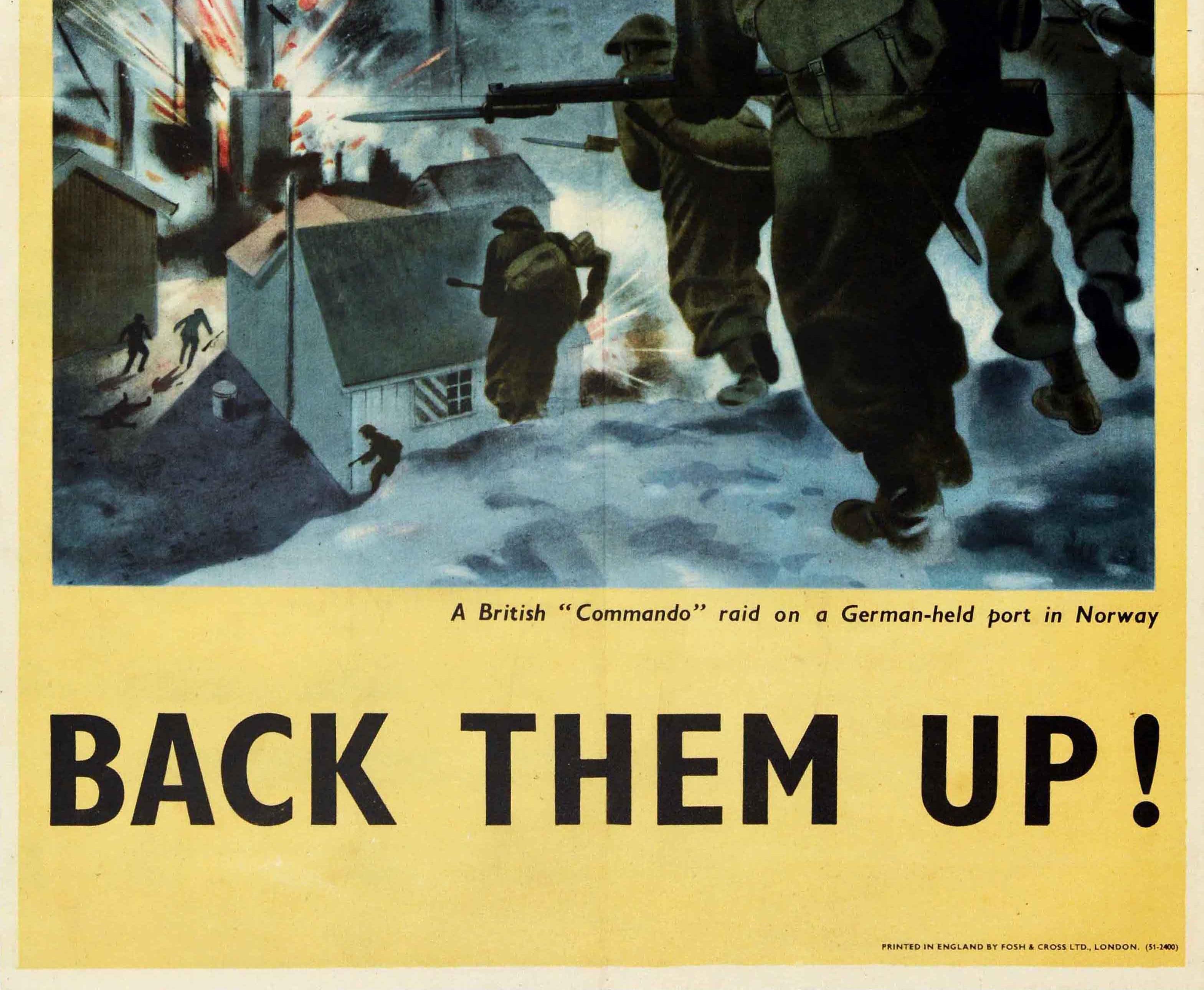 Original Vintage-Vintage-Kriegsplakat „Back Them Up WWII“, Britischer Commando, Raid Norway Port (Schwarz), Print, von Unknown