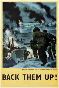 Original Vintage War Poster Back Them Up WWII British Commando Raid Norway Port