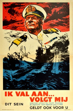 Original Vintage War Poster Dutch Navy East Indies WWII Japanese Fleet Recruit