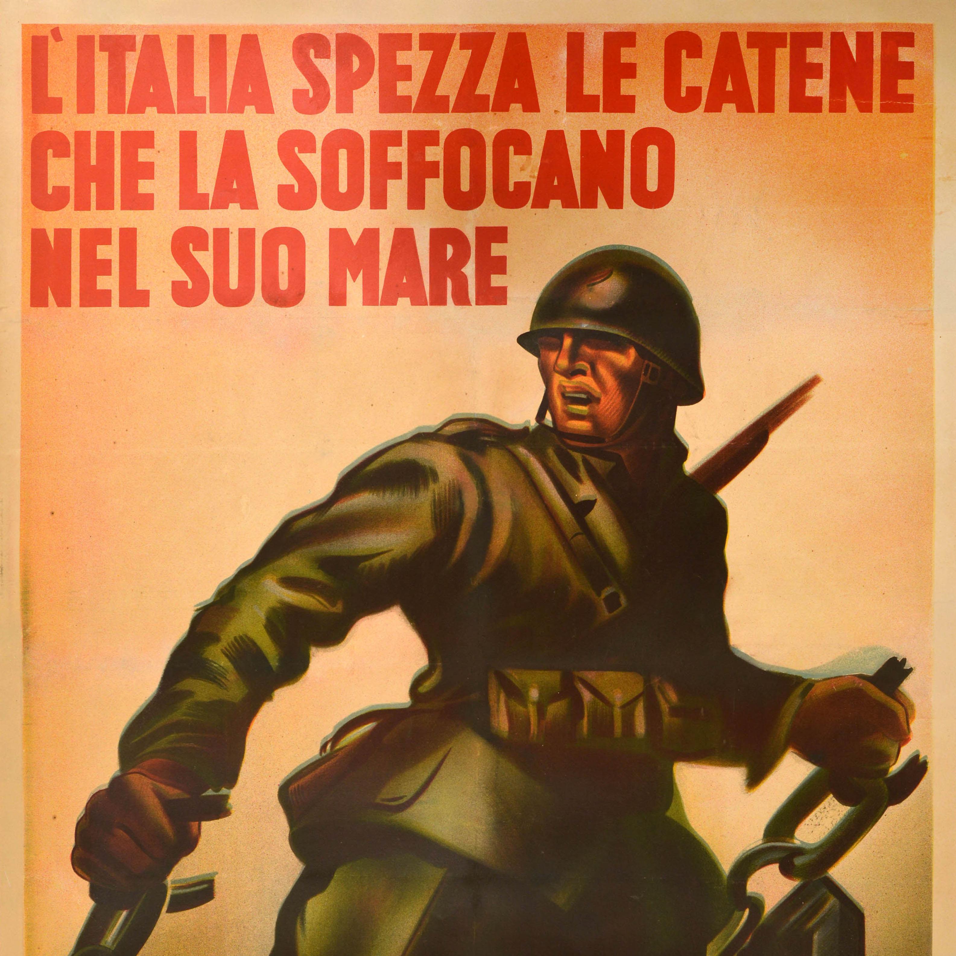 Original Vintage War Poster Italy Breaks Chains That Suffocate Her WWII Soldier - Orange Print by Unknown