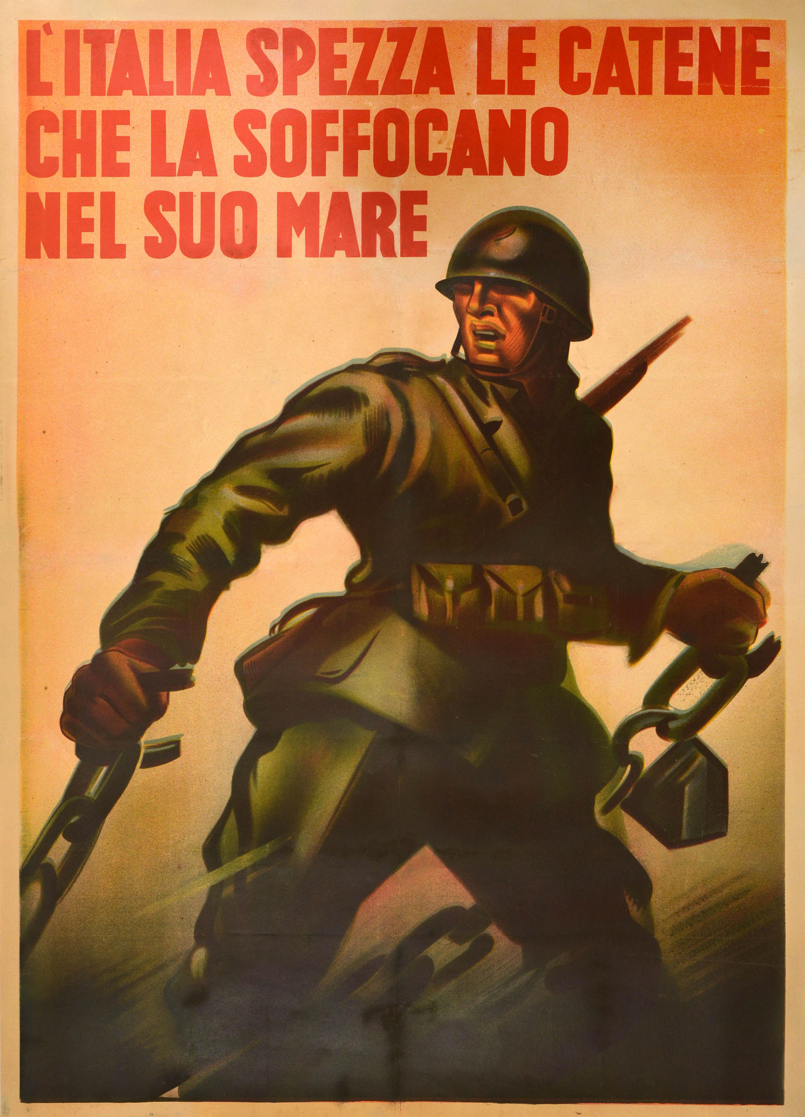 Unknown Print - Original Vintage War Poster Italy Breaks Chains That Suffocate Her WWII Soldier