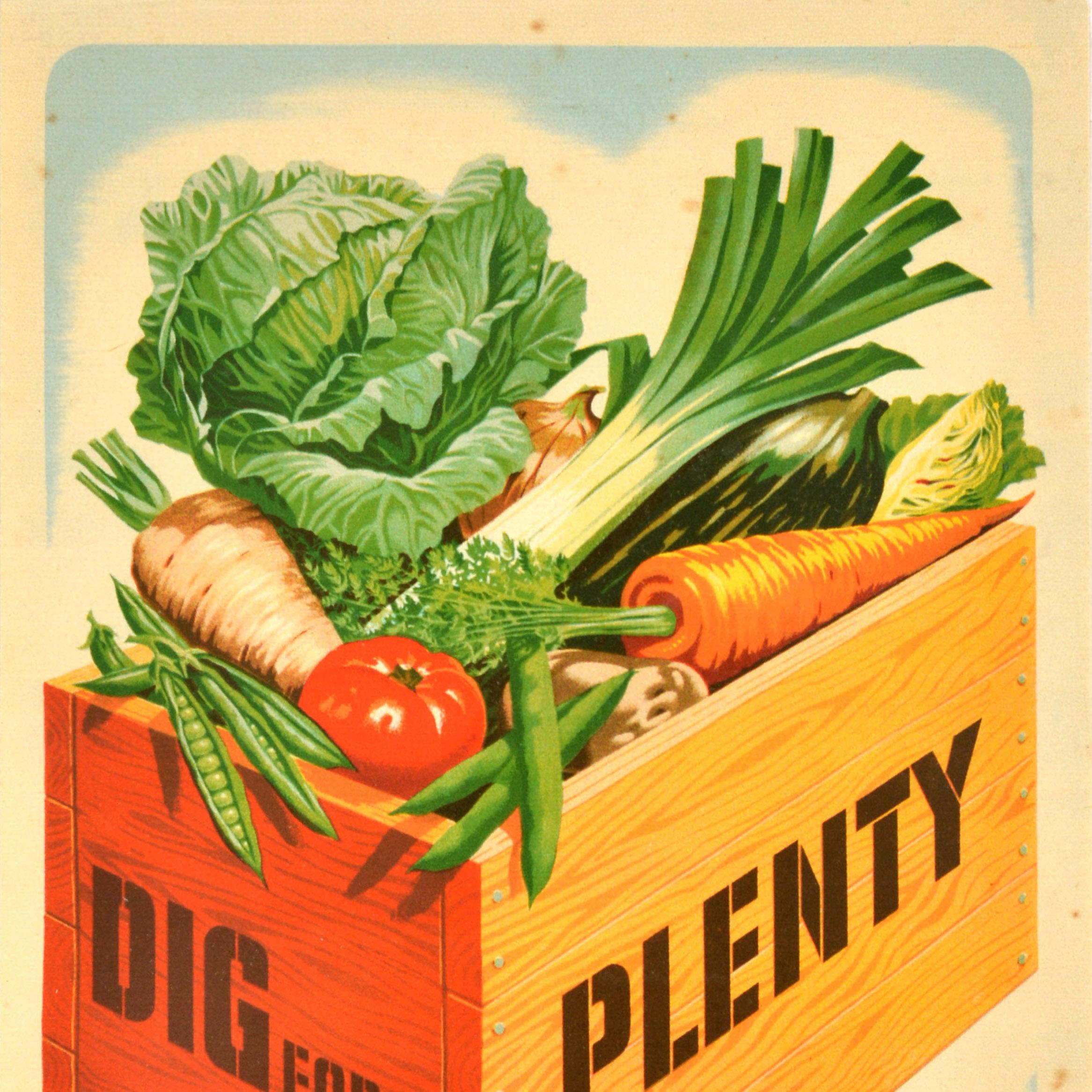Affiche de propagande de guerre originale Dig for Plenty de la Seconde Guerre mondiale, nourrissant dans le jardin - Orange Print par Unknown