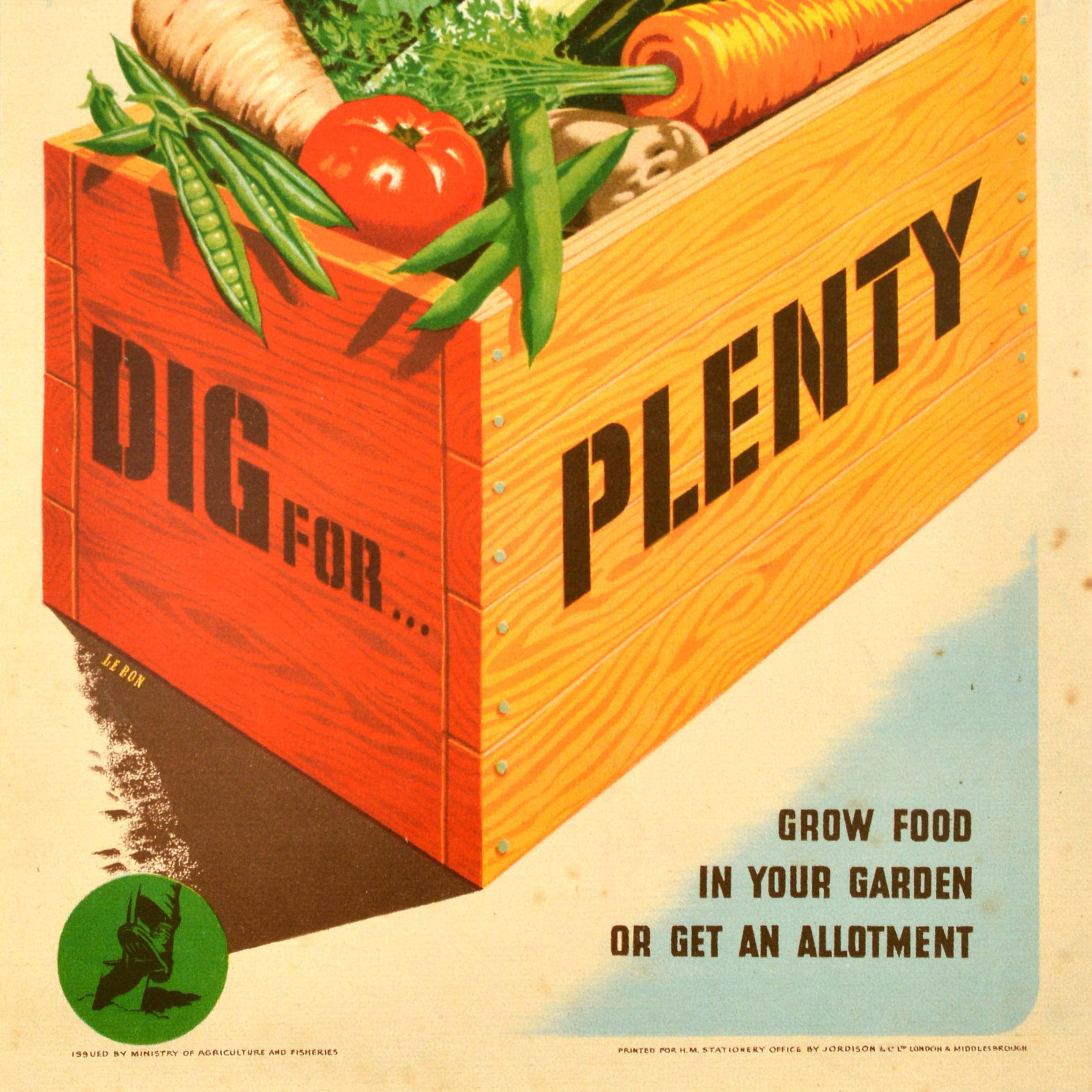 Affiche de propagande originale de la Seconde Guerre mondiale - Dig for plenty Grow food in your garden or get an allotment - représentant des légumes, notamment des petits pois, une tomate, un panais, un chou, des poireaux, un oignon, une pomme de
