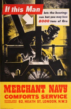 Affiche de propagande de guerre originale vintage Merchant Navy Engine Room de la Seconde Guerre mondiale