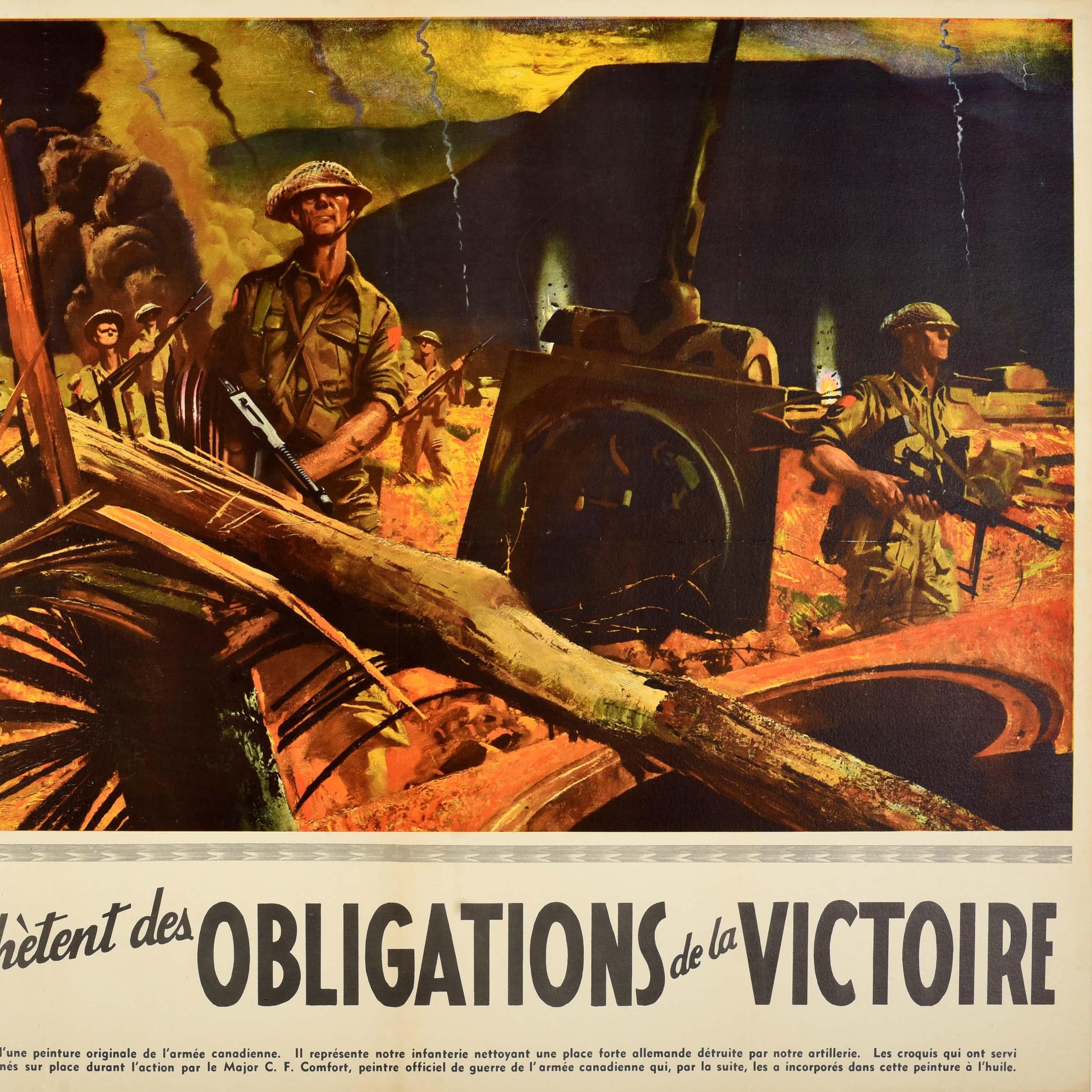 Poster di propaganda originale della Seconda Guerra Mondiale - Eux Aussi Achetent des Obligations de la Victoire / They Too Buy Victory Bonds - con un'opera d'arte di Charles Comfort (1900-1994) che raffigura soldati in uniforme che imbracciano i