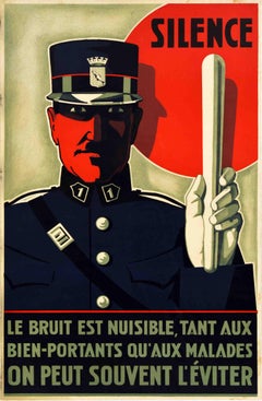 Original Vintage Cartel de Advertencia El Silencio El Ruido Es Dañino Policía Diseño Art Decó