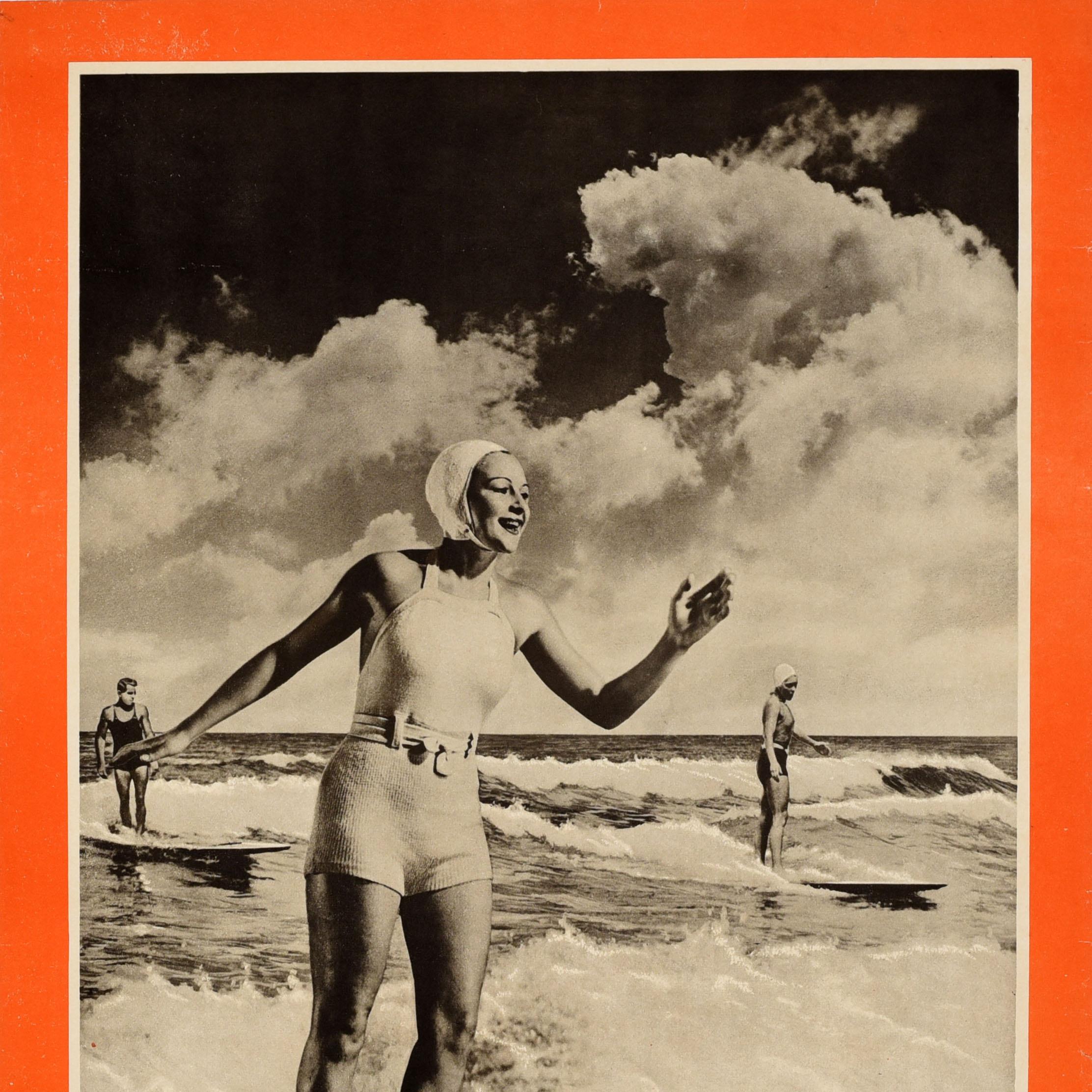 Original Vintage Water Sport Travel Poster Surfing Australia Lady Surfer Design - Orange Print by Unknown