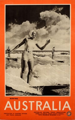 Affiche rétro originale de voyage, Surfing Australia Lady Surfer Design