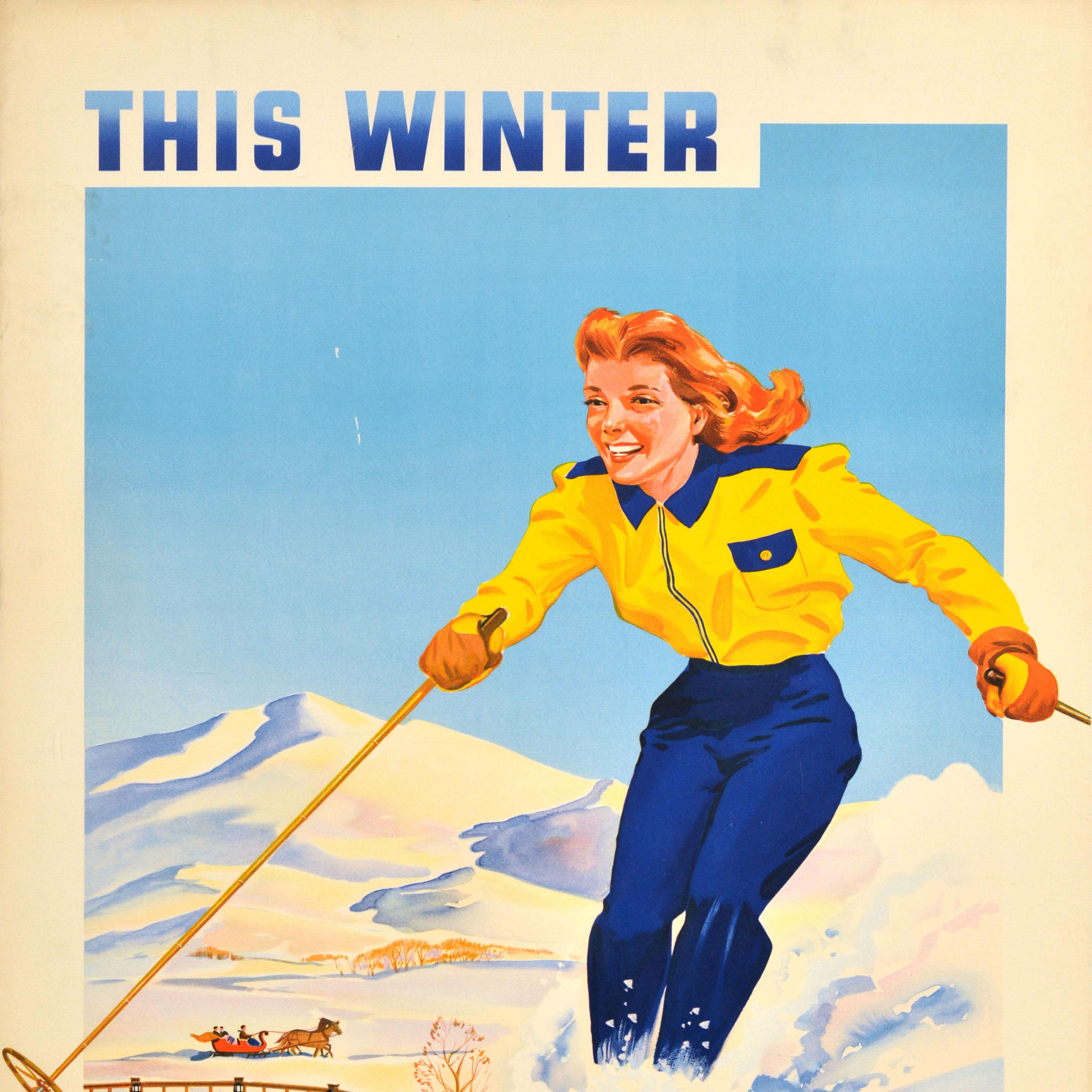 Original vintage winter sports travel poster - This Winter Sun Valley - featuring a great image of a smiling lady in a yellow and blue ski suit skiing down a snowy slope at speed with people enjoying swimming in an outdoor heated pool and riding a