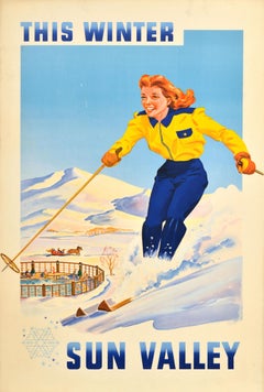 Original Vintage Winter Ski Sports Travel Poster This Winter Sun Valley Idaho