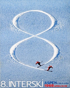 Poster originale d'epoca sugli sport invernali Aspen Ski Colorado USA 1968 Interski Skiing