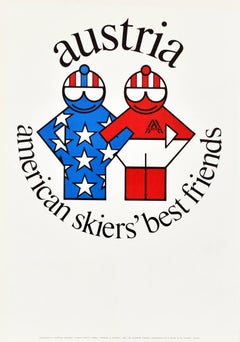 Affiche rétro originale de sport d'hiver Autriche, Skieurs américains, Meilleurs amis, Ski