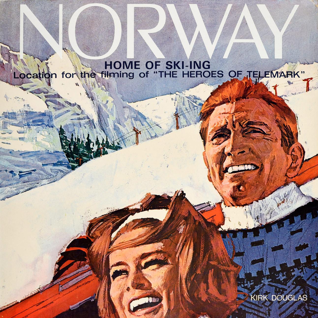Original Vintage Winter Sport Poster Norway Home Of Skiing Heroes Of Telemark - Beige Print by Unknown