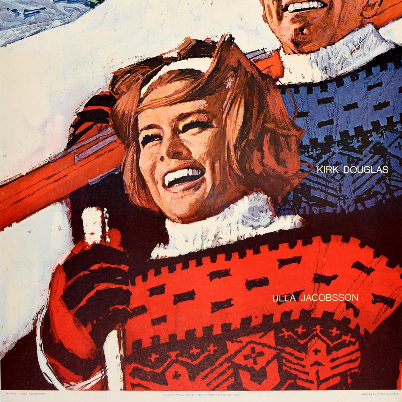 Original vintage winter sport and skiing poster - Norway The Home of Skiing Location for the filming of The Heroes of Telemark - featuring artwork depicting the actor Kirk Douglas and actress Ulla Jacobsson smiling in their blue and red patterned