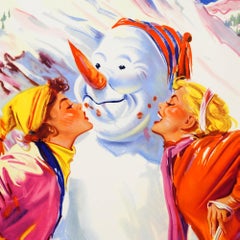 Original Vintage Winter Sport Poster Ski Austria Snowman Kiss Skiing Autriche