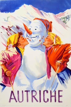 Affiche vintage originale de sports d'hiver Autriche, Snowman Kiss, Skiing Autriche