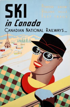 Affiche vintage originale des sports d'hiver Ski au Canada, Chemins de fer nationaux canadiens