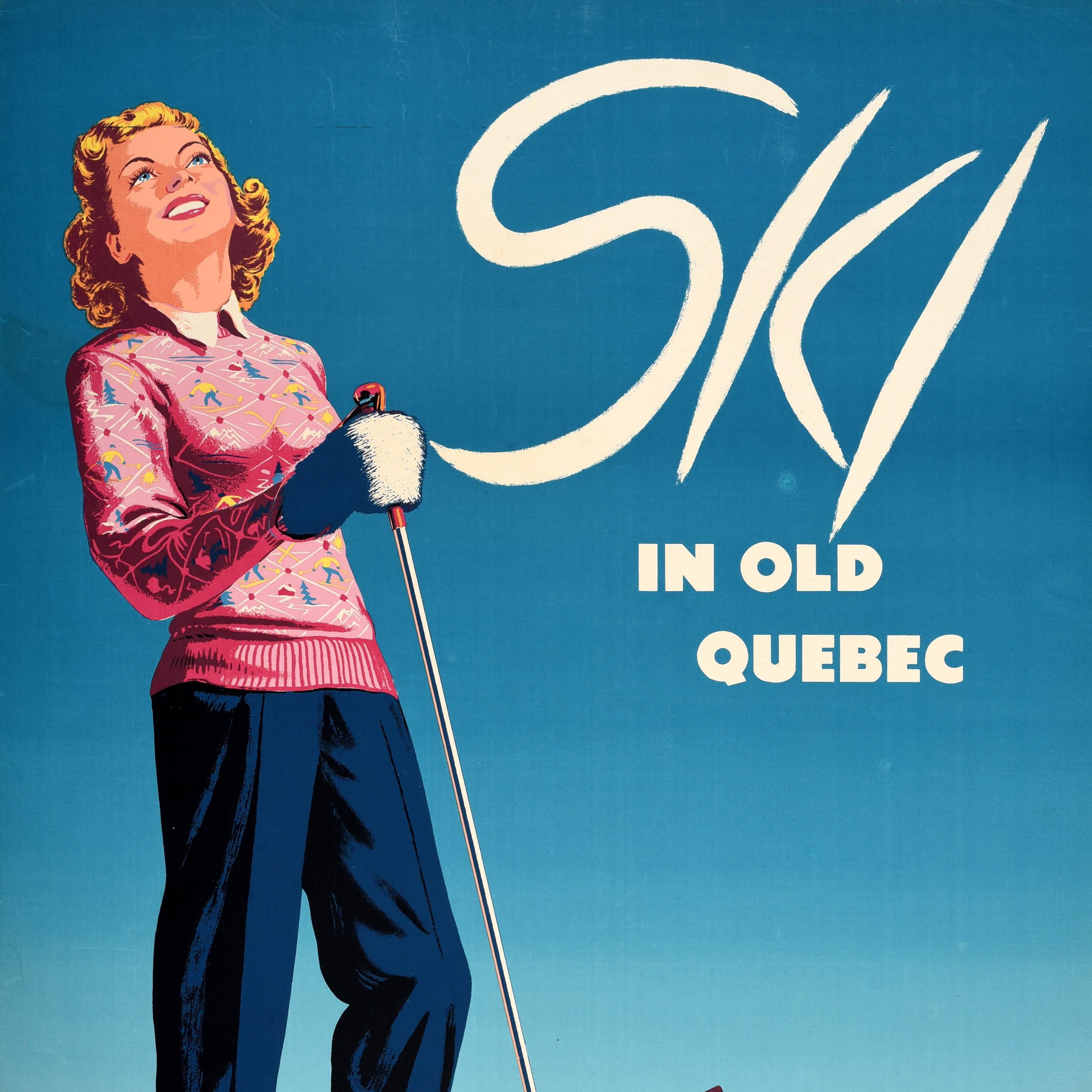 Original vintage winter sport poster - Ski in Old Quebec Chateau Frontenac - featuring stunning artwork depicting a smiling lady with blonde hair wearing a patterned pink jumper with small images of snow covered chalets and trees, mountains and