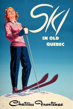 Affiche vintage originale de sports d'hiver Ski Vieux château du Québec Frontenac, Canada