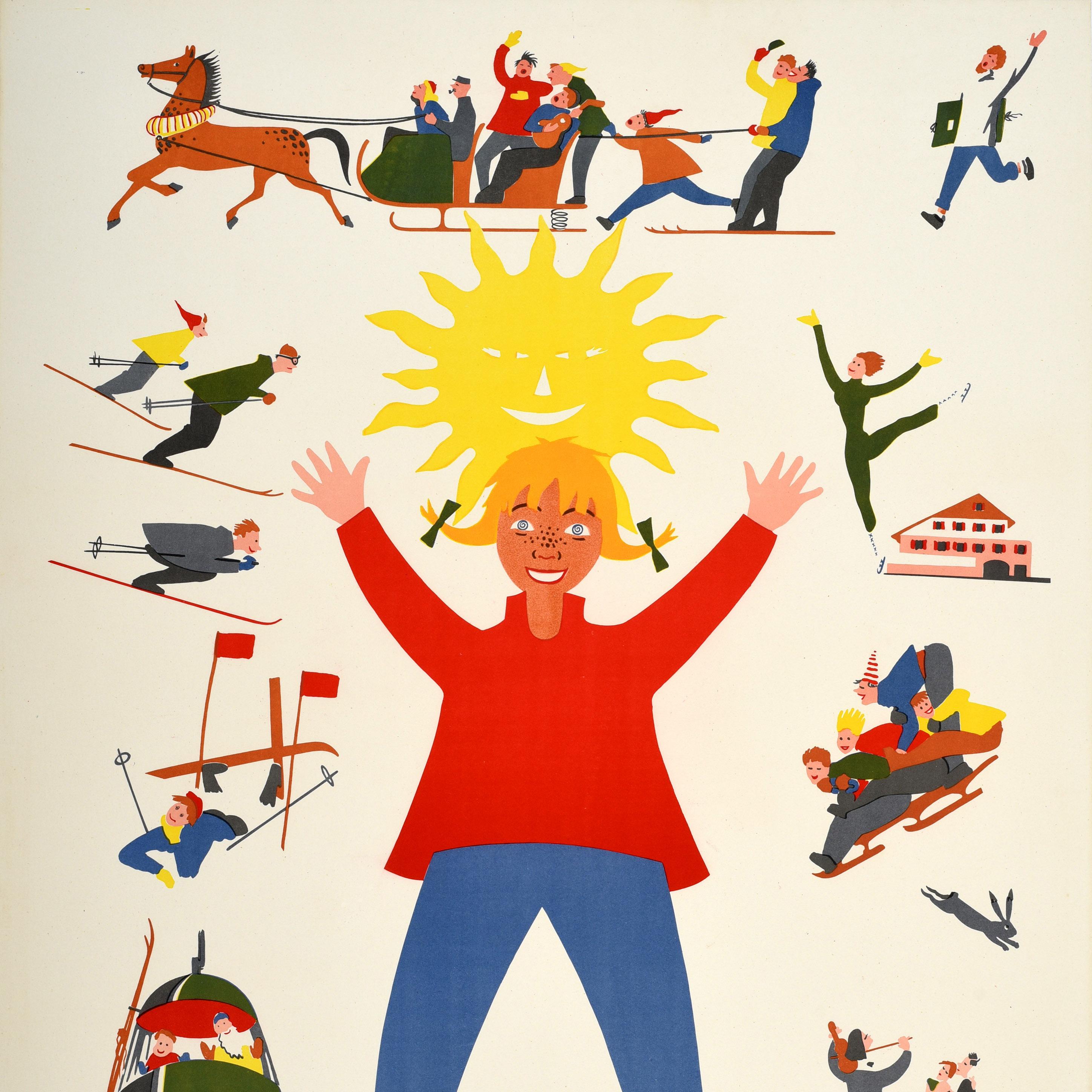 Original vintage ski poster for Supermolina in the Catalan Pyrenees in Spain / Pirineos Catalanes Espana alt 1700-2537m featuring a smiling girl holding up her arms in joy surrounded by colourful and fun winter sport illustrations including holiday