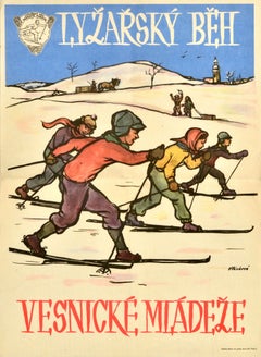 Original Vintage Winter Sport Poster Village Youth Ski Run Czechoslovakia Skiing