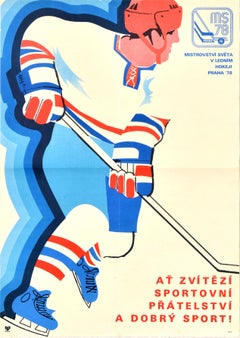 Original Vintage Winter Sport Poster World Ice Hockey Championship Prague 78