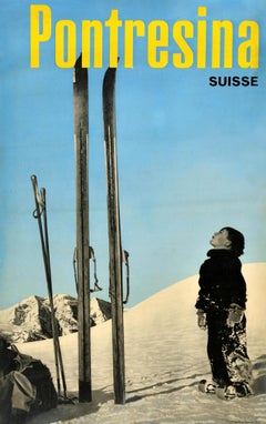 Affiche vintage originale de ski d'hiver Pontresina, Suisse, Resort
