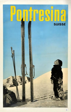 Poster originale d'epoca sugli sport invernali Pontresina Svizzera Resort
