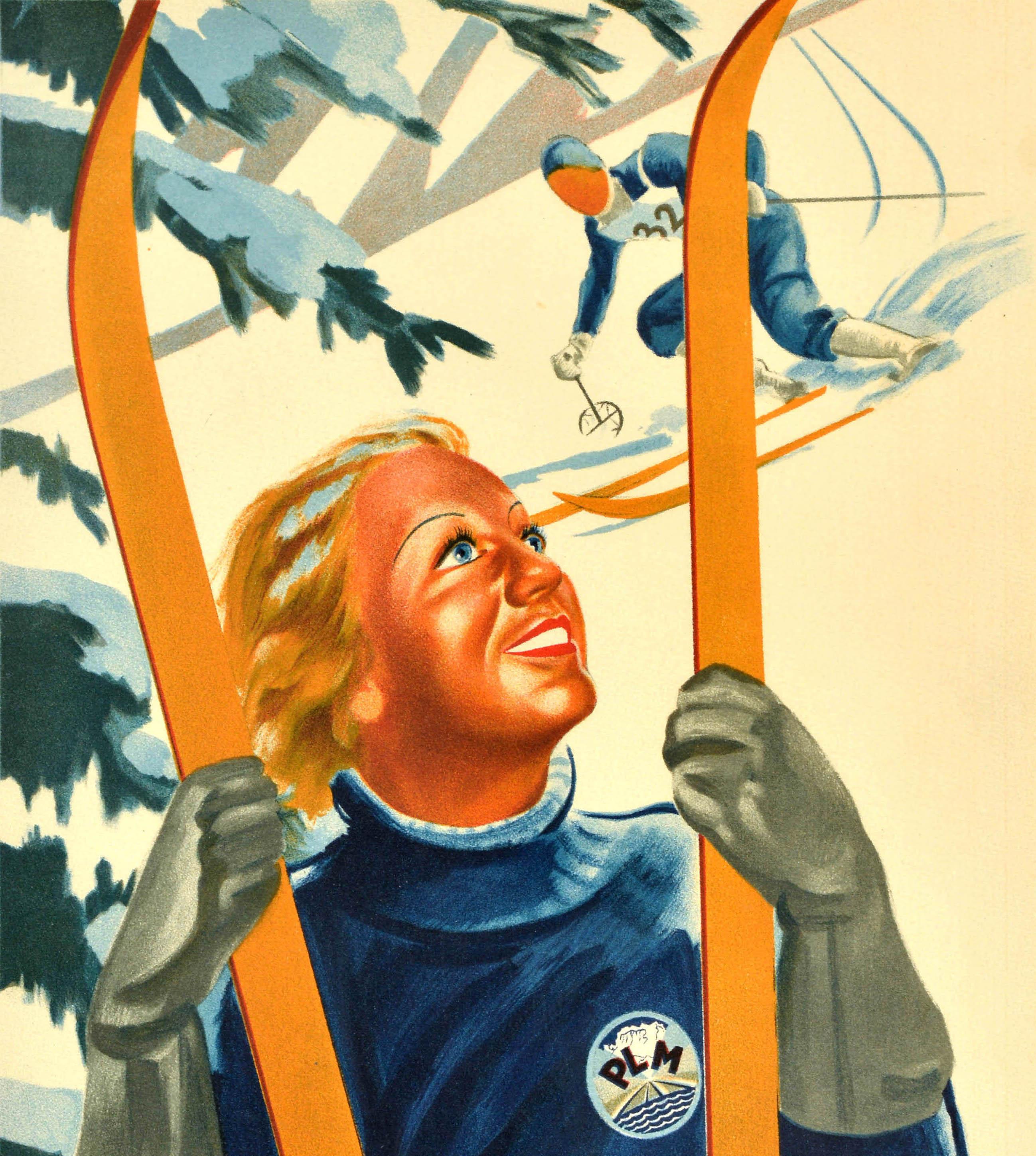 Original Vintage Winter Sport Skiing Travel Poster Alpes And Jura PLM Railway - Orange Print by Unknown