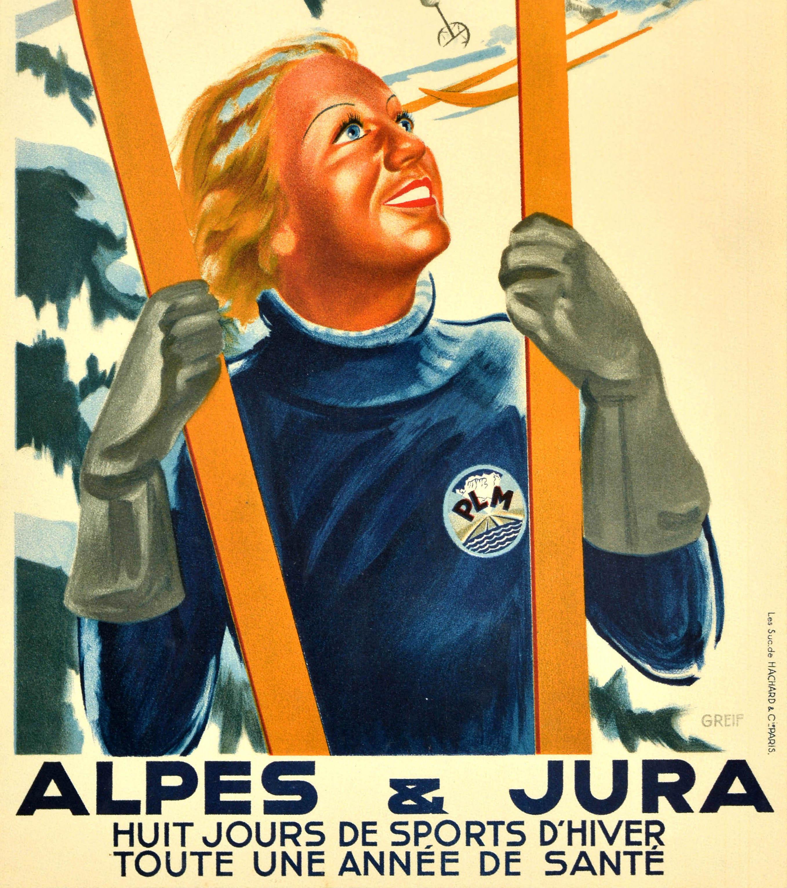 Original vintage winter sport and skiing travel poster - Alpes & Jura Eight days of winter sports A whole year of health / Huit jours de sports d'hiver Toute une annee de sante - featuring artwork depicting a smiling lady in front of a snow topped