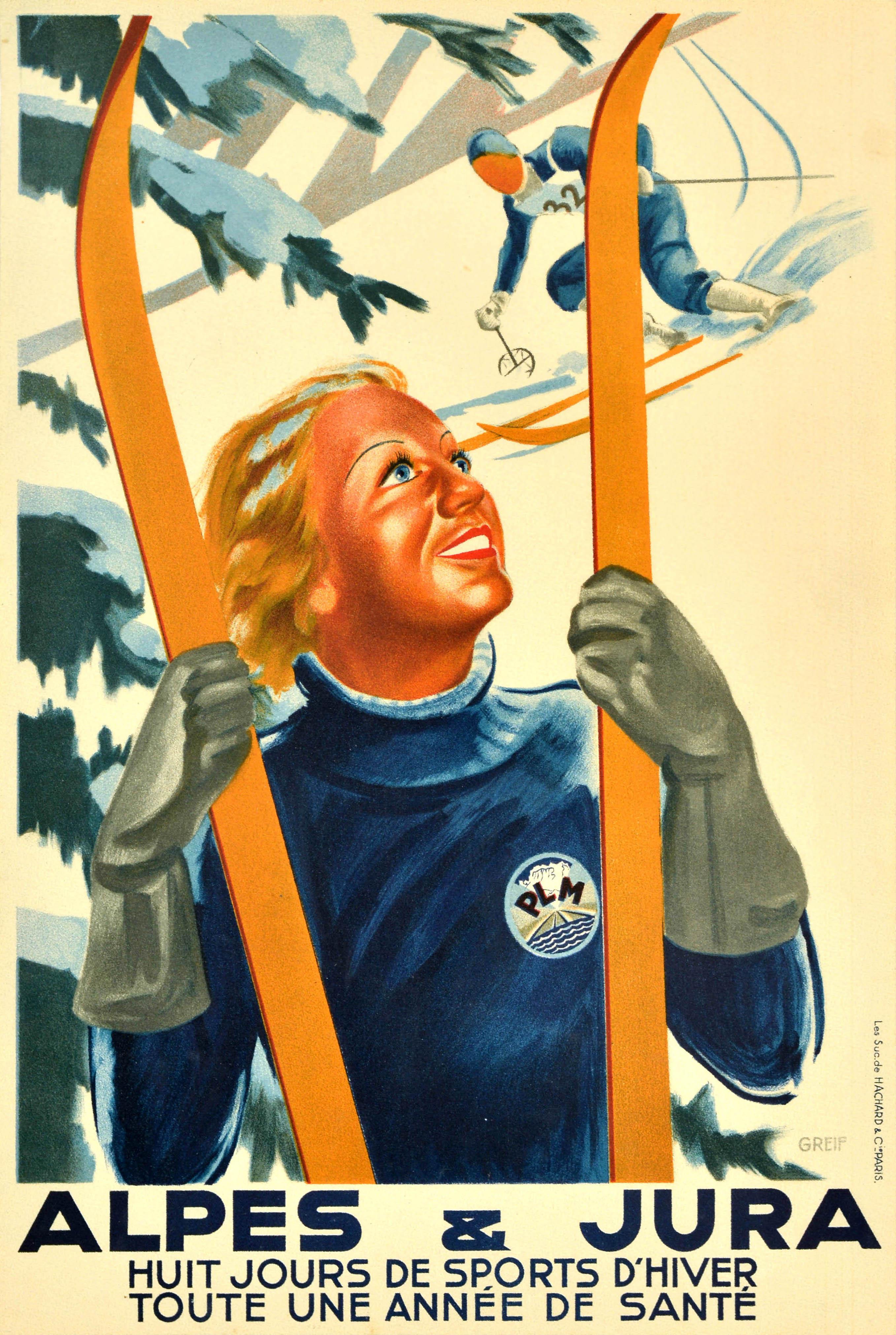 Unknown Print - Original Vintage Winter Sport Skiing Travel Poster Alpes And Jura PLM Railway