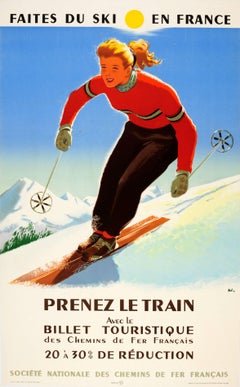 Original Vintage Winter Sport SNCF Railway Poster - Ski In France Take The Train