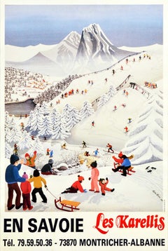 Original Vintage Winter Sport Travel Poster En Savoie Les Karellis Ski Resort