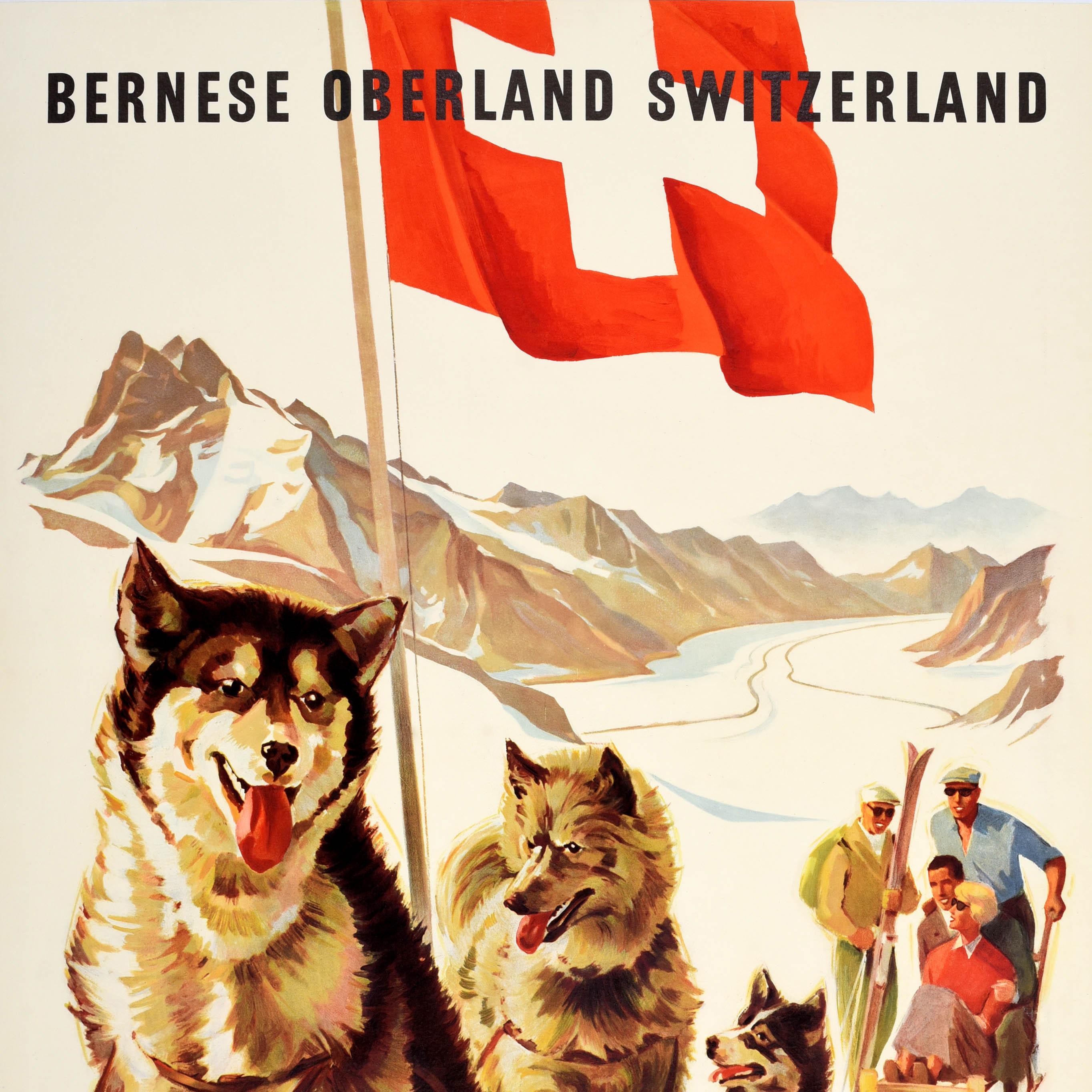 Original vintage winter sport and skiing travel poster - Bernese Oberland Switzerland Jungfraujoch Jungfrau Railway - great artwork titled Polar Dogs featuring huskies harnessed to a sled with a lady and man sitting on the sledge preparing to ride