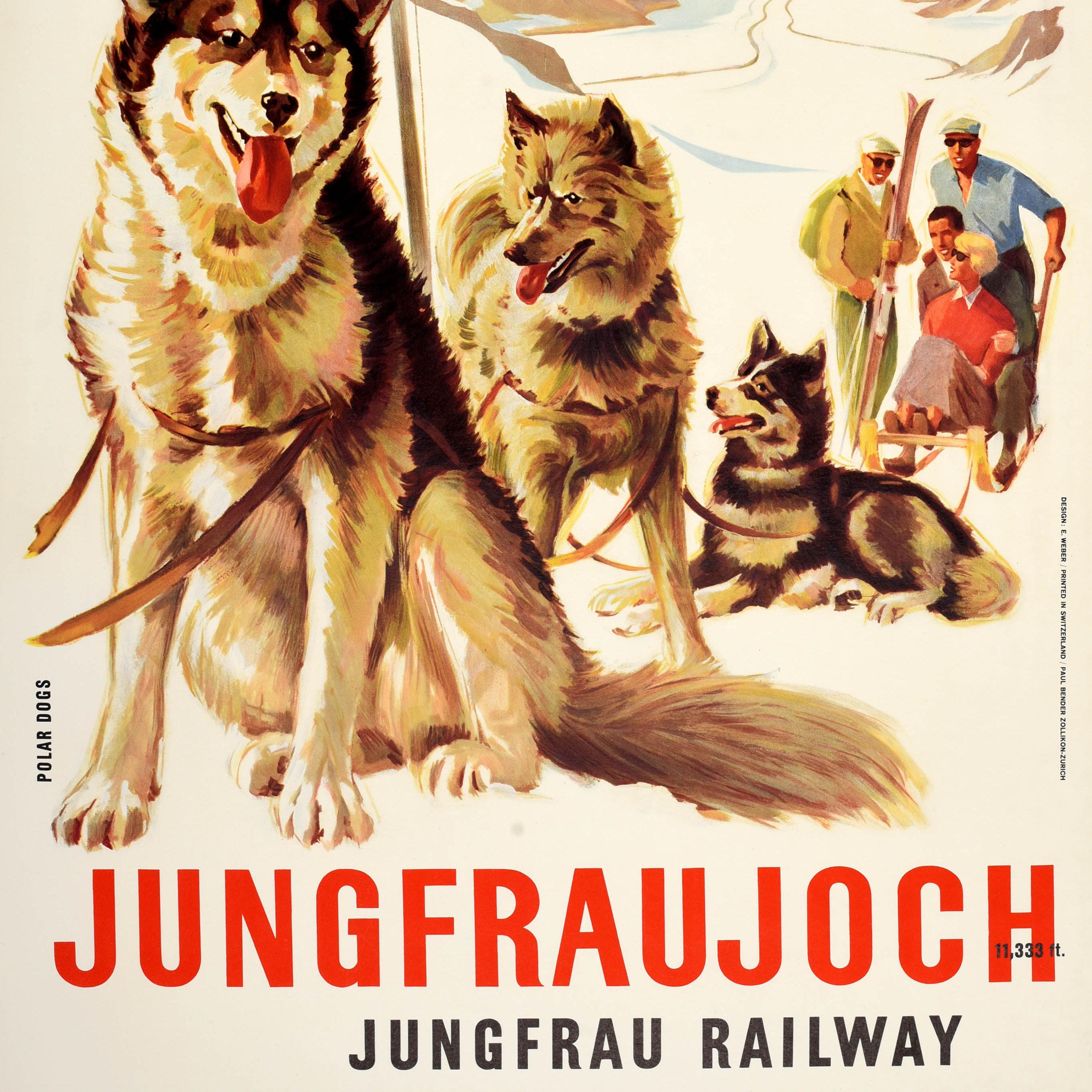 Original vintage winter sport and skiing travel poster - Bernese Oberland Switzerland Jungfraujoch Jungfrau Railway - great artwork titled Polar Dogs featuring huskies harnessed to a sled with a lady and man sitting on the sledge preparing to ride