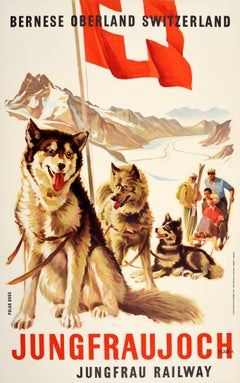 Affiche originale de voyage d'hiver Jungfraujoch Jungfrau Railway Husky